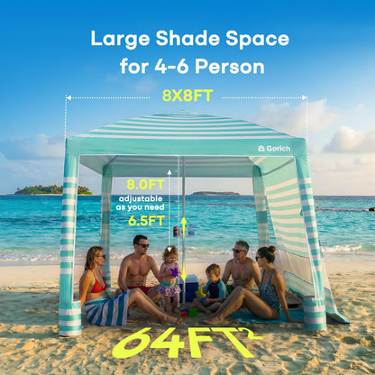 Gorich Beach Cabana with UPF50+ UV Protection, 8x8 FT/10x10 FT Beach Canopy Tent with Side Wall, Easy Setup, Windproof Portable Sun Shelter Shade for Family