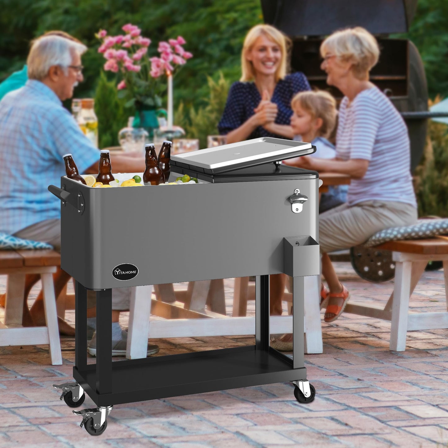 YITAHOME 80 Quart Rolling Cooler Cart with Bottle Opener Drainage, Portable Patio Cooler Rolling on Wheels, Outdoor Rolling Beverage Cart Drink Cooler for Patio Pool Deck Party BBQ Cookouts (Silver)