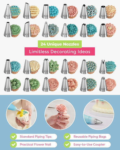 Kootek 32-Piece Cake Decorating Kit - 24 Icing Piping Tips & 2 Reusable 12-Inch Bags