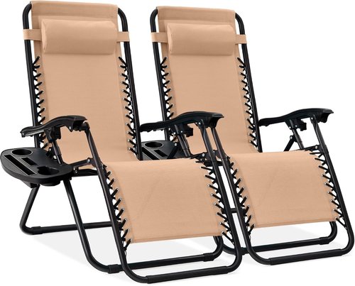 Best Choice Products Adjustable Steel Mesh Zero Gravity Lounge Chair Set - 2 Recliners with Pillows & Cup Holders | Beige