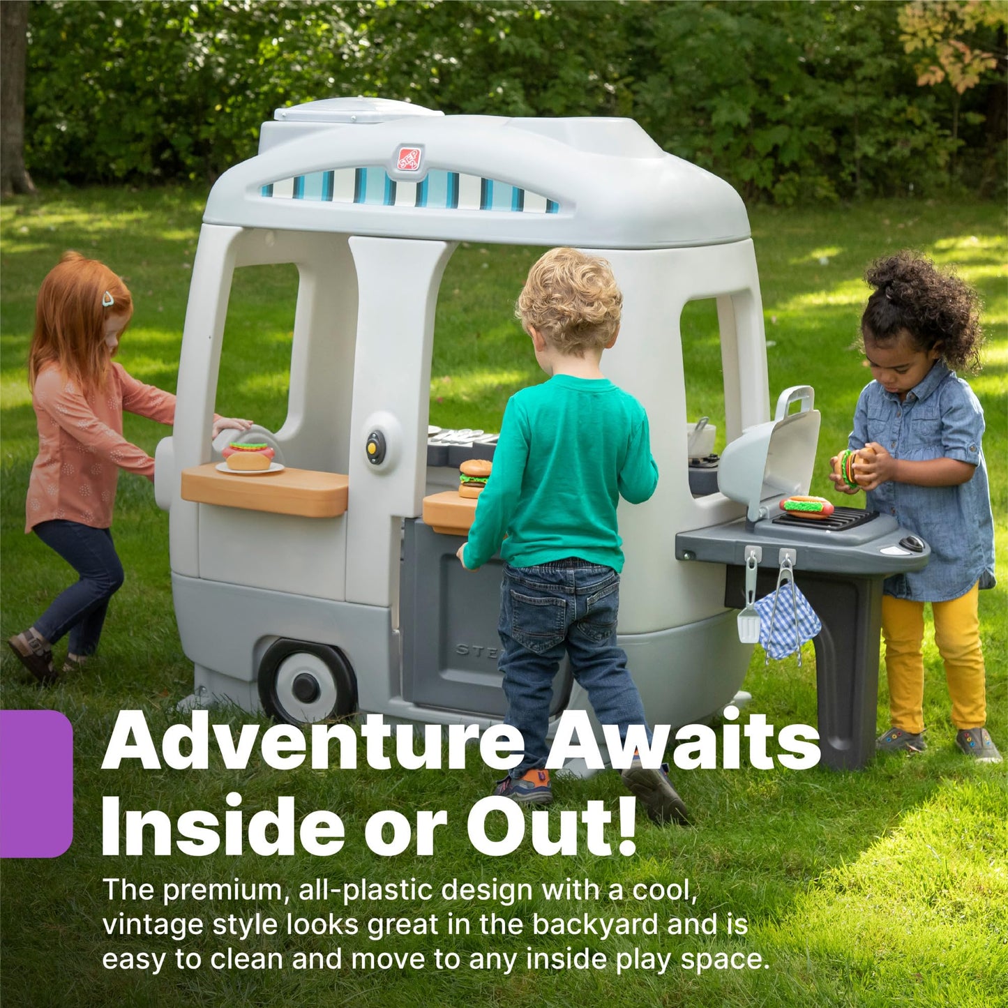 Step2 Adventure Camper Kids Playhouse, Indoor/Outdoor Playset with Kitchenette, Interactive Doorbell Sounds, 52-Piece Toy Accessories, Durable Plastic, For Toddlers 2+ Years