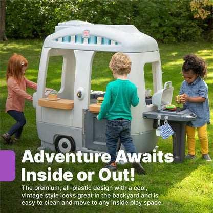 Step2 Adventure Camper Kids Playhouse, Indoor/Outdoor Playset with Kitchenette, Interactive Doorbell Sounds, 52-Piece Toy Accessories, Durable Plastic, For Toddlers 2+ Years