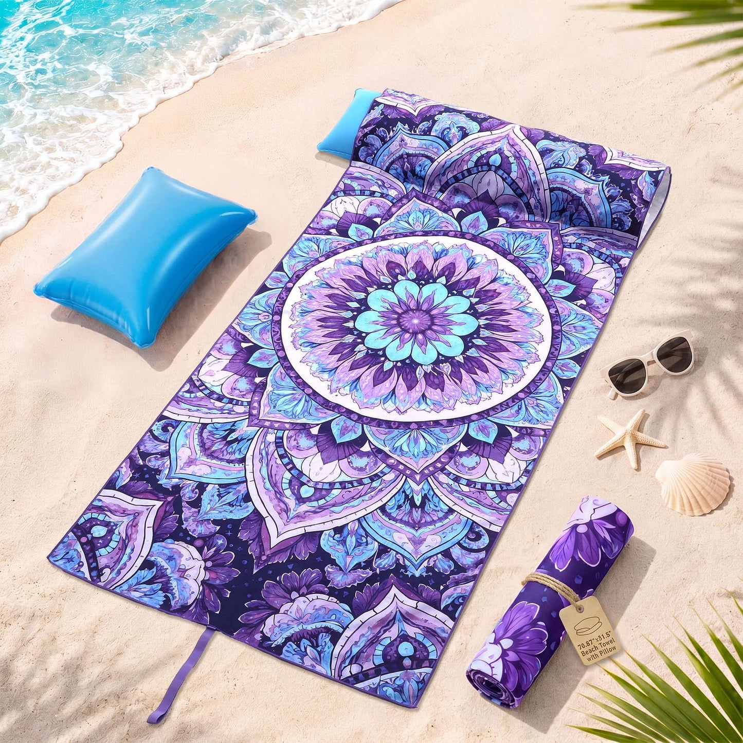 Lumina Garden 2 in 1 Microfiber Beach Towel with Round Inflatable Pillow 71'' x 32'' Mandala Lounge Chair Towel Oversized Quick Dry Blanket with Straps Pillowcases for Seaside Pool Camping