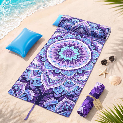 Lumina Garden 2 in 1 Microfiber Beach Towel with Round Inflatable Pillow 71'' x 32'' Mandala Lounge Chair Towel Oversized Quick Dry Blanket with Straps Pillowcases for Seaside Pool Camping