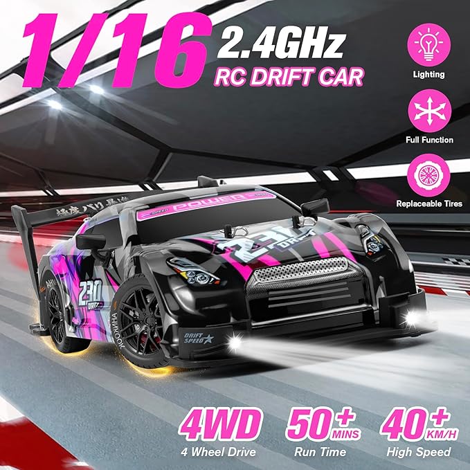 RC Drift Car 1:16 Scale Drifting RC Cars 2.4GHz 4WD RC Race Car 40km/h High-Speed Remote Control Drift Car Vehicle Racing Sport Toy Easter Basket Stuffers Gift for Boys Girls Kids(Purple)