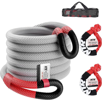 NTR 1-1/4" x 30' Kinetic Recovery Tow Rope (54,000lbs), with 2 UHMWPE Soft Shackles (56,000lbs), Heavy-Duty Offroad Snatch Strap, Vehicle Recovery kit for Jeep car Truck ATV UTV SUV, Grey