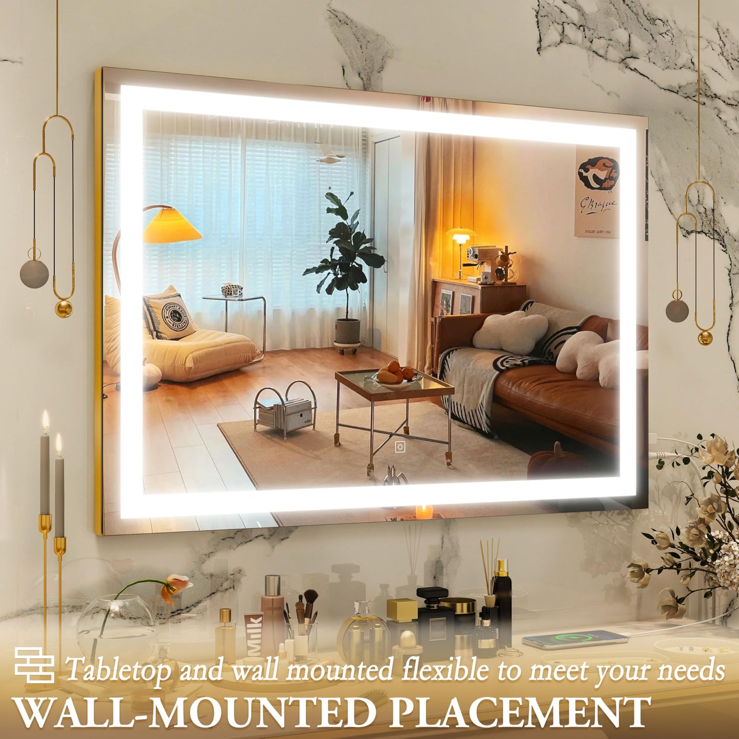 ROLOVE Vanity Mirror with Lights, 32" x 22" Large Lighted Vanity Mirror with Dimmable 3 Modes, LED Makeup Mirror, 10X Magnification, USB Charging Port, Tabletop or Wall-Mounted Square Gold