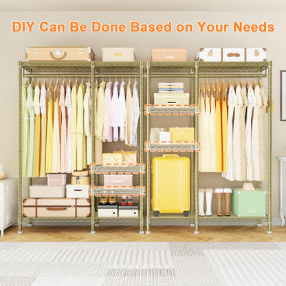 Ulif F4 Heavy Duty Clothes Rack (With Hanger Rod) Freestanding Clothing Racks for Hanging Clothes，Adjustable Closet Organizer System, Portable Garment Rack 45"W x 15.8"D x 71.3"H,Max Load 600LBS, Gold