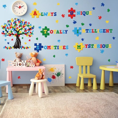 Cinrobiye Autism Awareness Wall Decal - Inspirational Puzzle Piece Tree Design for Classroom Decor
