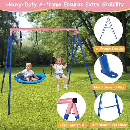 Lunafun Outdoor Swings for Kids, 440lbs, Heavy-Duty A-Frame Metal Outdoor Swing Stand, 1 Saucer & 1 Belt Swing Seat for Playground, Backyard Blue