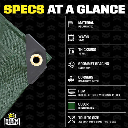 Ultra Heavy Duty Tarp Waterproof Large Cover | Hunter Green, 20' x 30' 16 Mil Thick | Rip Proof Tarps | Thick Weave Material, UV Resistant Great for Tarpaulin Canopy Tent, Boat, RV or Pool Cover