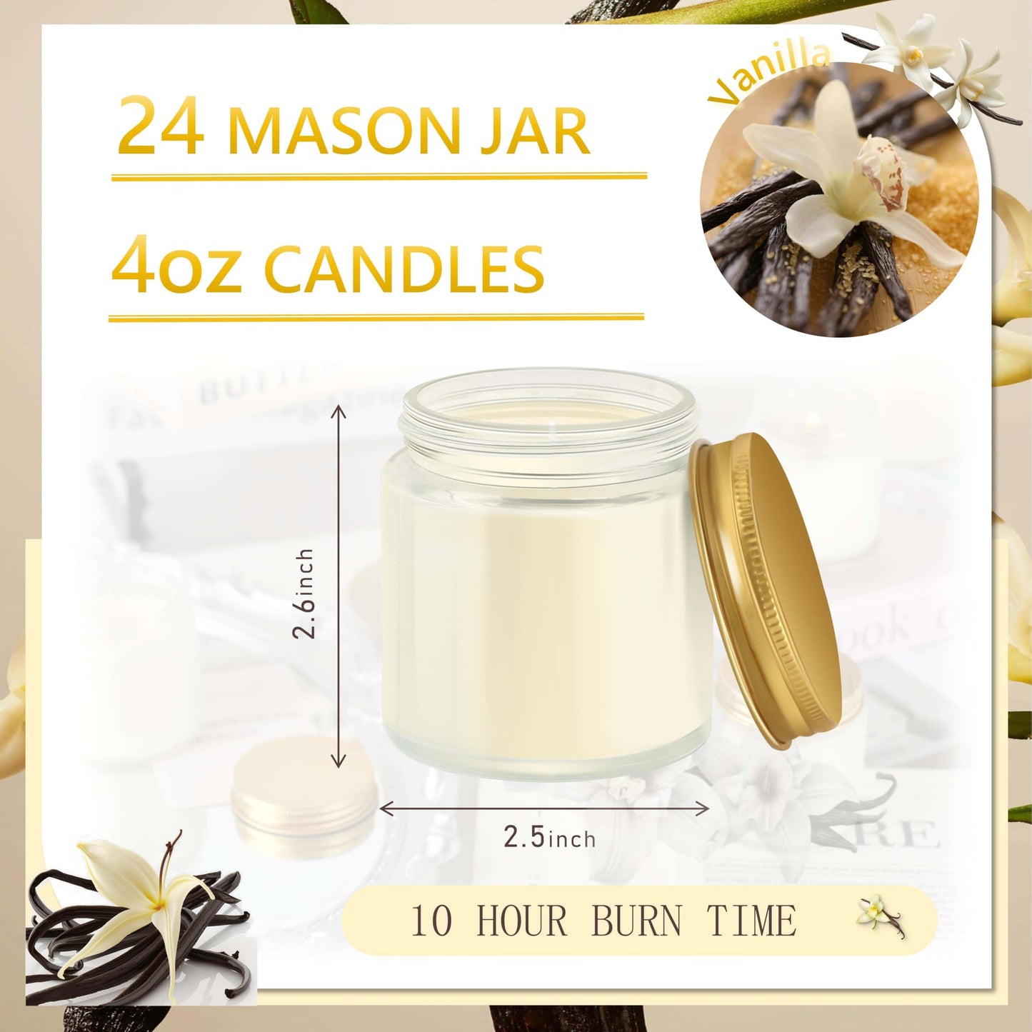 Cmoott 24 Pcs 4 Oz Mason Jar Candles, Vanilla Scented Soy Candles Bulk Set for Stress Relief and Relaxation, Great Favors for Wedding, Christmas, Housewarming Gifts (Gold, Vanilla, 24)