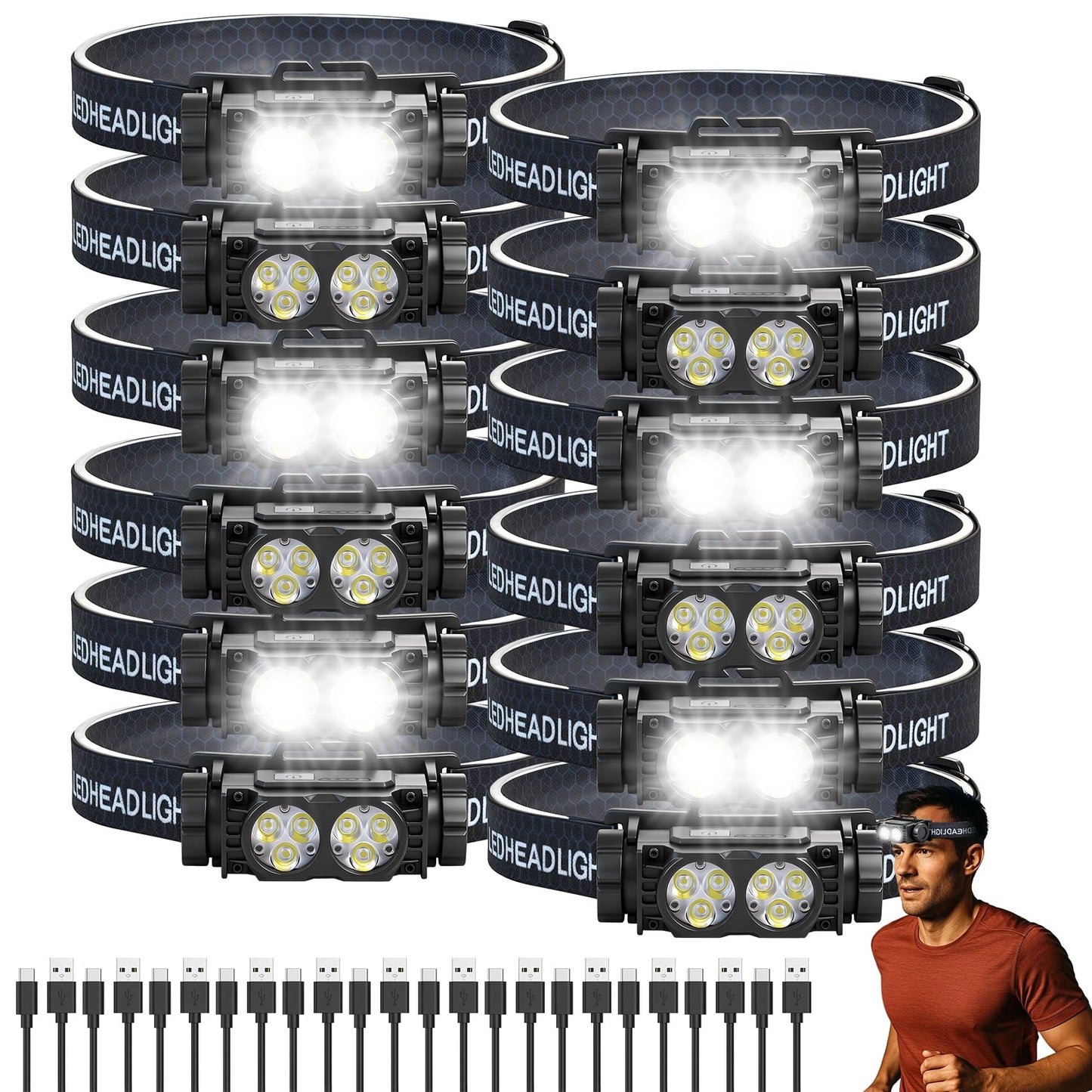 Bud K 12pack Headlamp Rechargeable, 5000L Super Bright Light LED Rechargeable Headlight, 3 Modes, Detachable Flashlight & Waterproof Head Lamp for Adult, Running, Outdoor, Emergency, Hard Hat Light