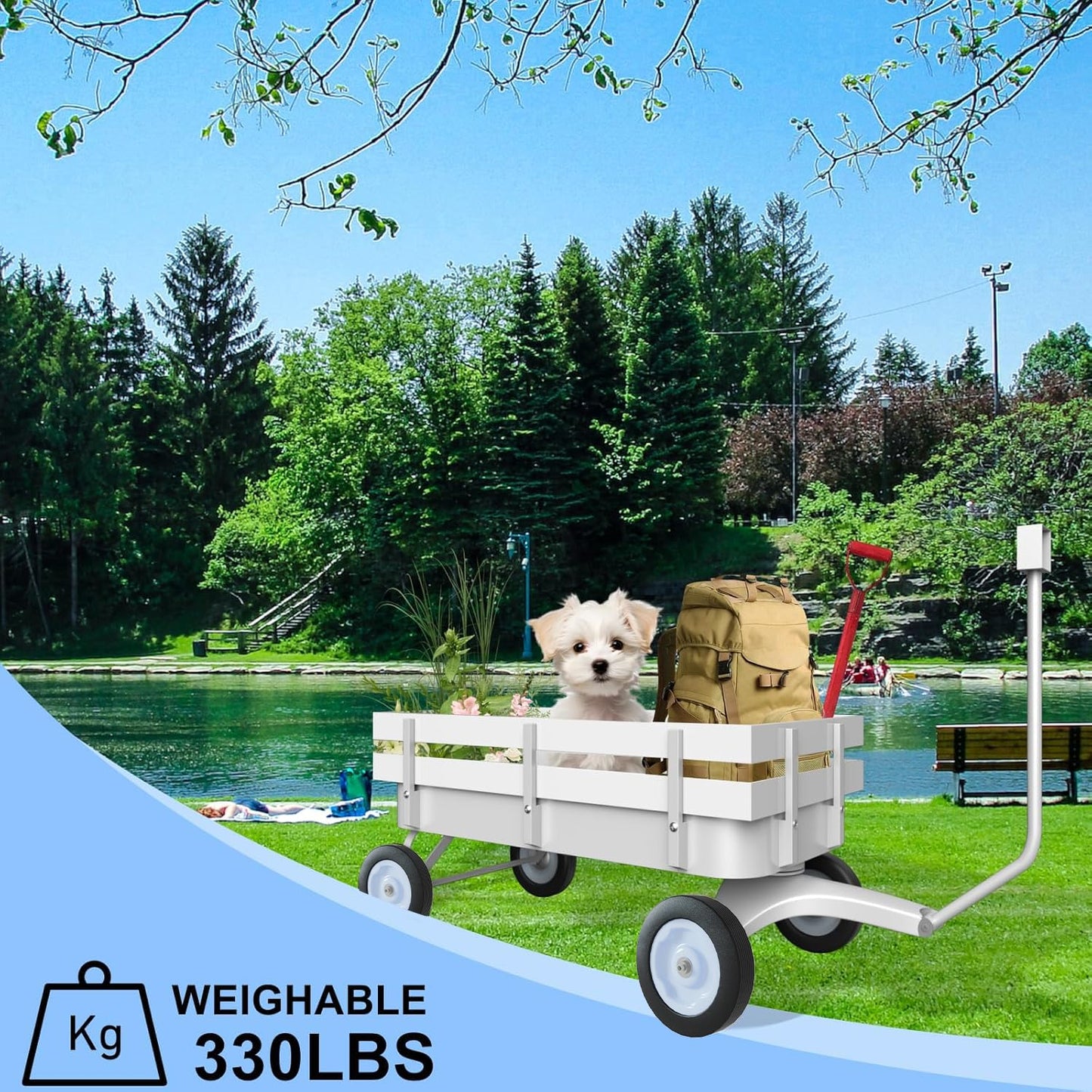 White All-Terrain Wagon, Wedding Flower Girls Wagon Cart with Handle, Utility Steel Cargo Wagons with Removable Wooden Side Panels (White, Small)