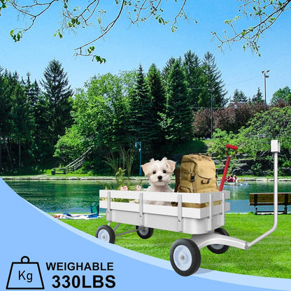 White All-Terrain Wagon, Wedding Flower Girls Wagon Cart with Handle, Utility Steel Cargo Wagons with Removable Wooden Side Panels (White, Small)