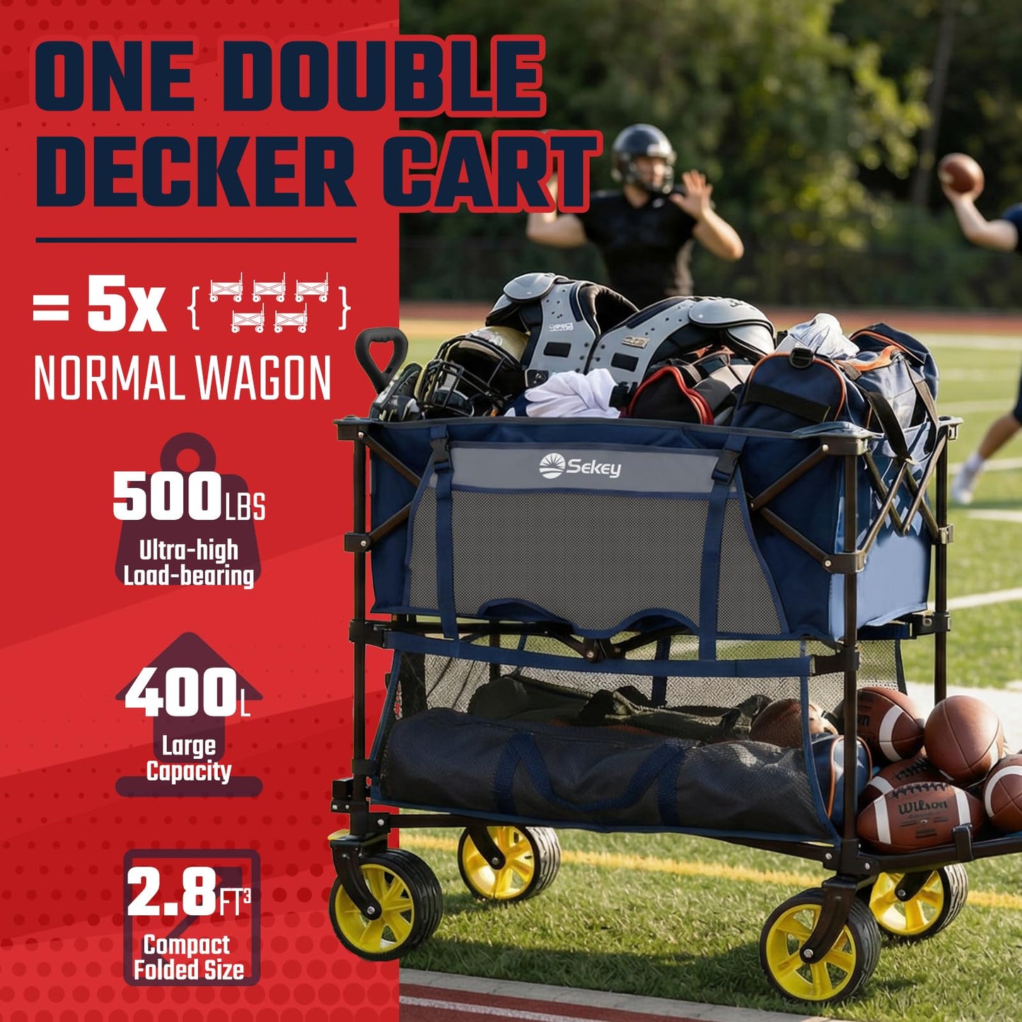 Sekey 500LBS Heavy Duty Double Decker Wagon with Extender, 400L Large Capacity Collapsible Garden Cart Fits 10x10 Canopy, All-Terrain Big Wheels with Brakes, Foldable Utility Wagon for Sports, Camping
