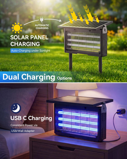 𝟐𝟎𝟐𝟔 𝐔𝐩𝐠𝐫𝐚𝐝𝐞𝐝 3 Tubes Solar Bug Zapper Outdoor, Mosquito Zapper Waterproof Electric Fly Zapper Rechargeable Mosquito Killer, Cordless Fly Insect Trap for Yard, Patio, Home, Garden, Camping