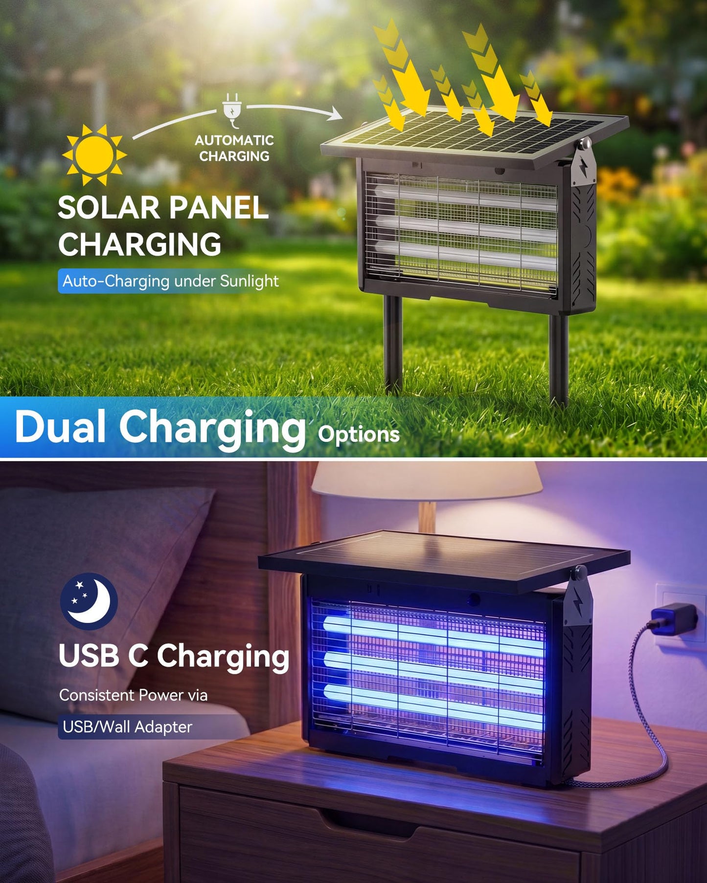 𝟐𝟎𝟐𝟔 𝐔𝐩𝐠𝐫𝐚𝐝𝐞𝐝 3 Tubes Solar Bug Zapper Outdoor, Mosquito Zapper Waterproof Electric Fly Zapper Rechargeable Mosquito Killer, Cordless Fly Insect Trap for Yard, Patio, Home, Garden, Camping