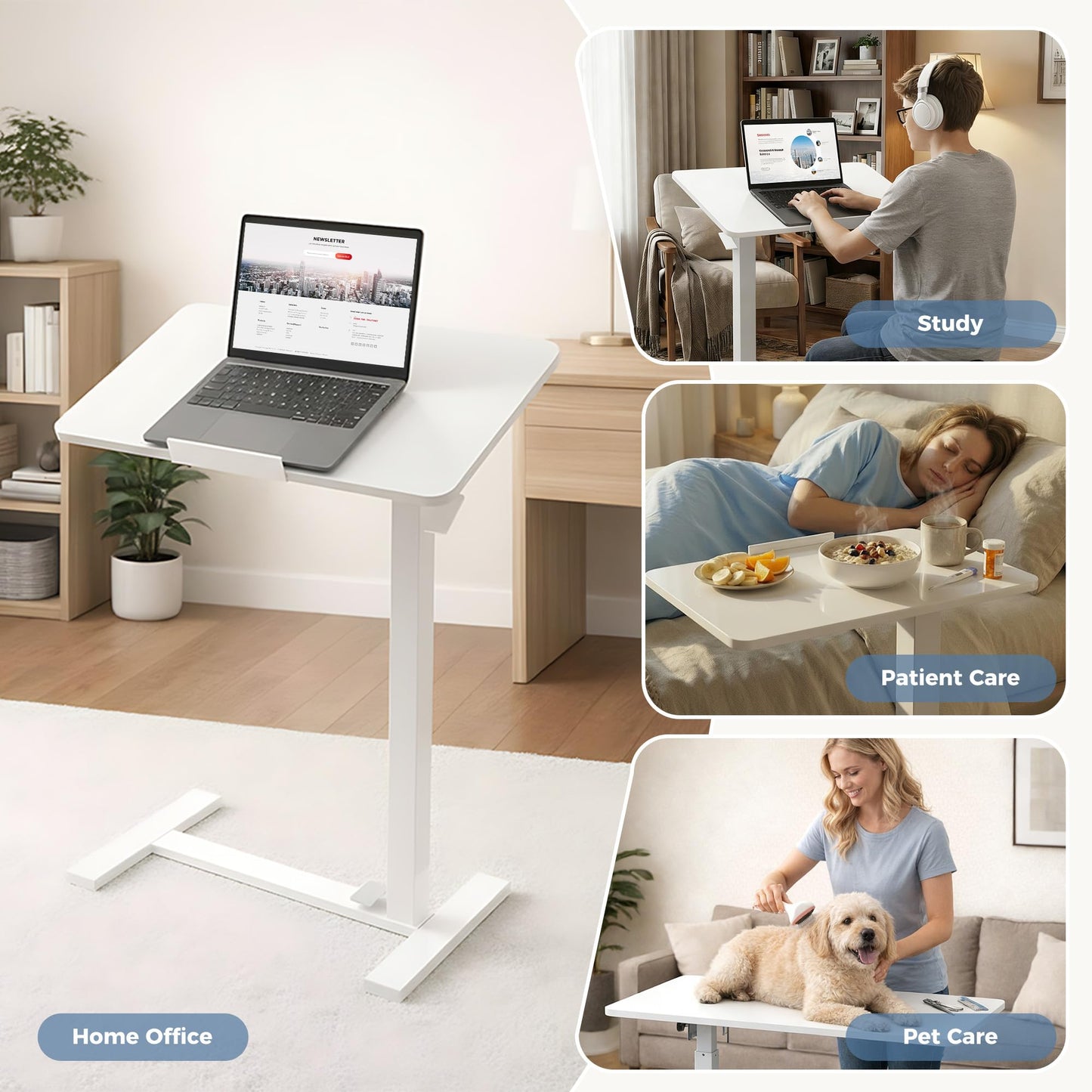 HAPPYMONT Adjustable Overbed Bedside Table with Hidden Wheels, Mobile Standing Desk with Pneumatic Lift, Portable Computer Workstation Cart for Bed, Couch, Office, Sofa, White