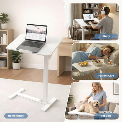 HAPPYMONT Adjustable Overbed Bedside Table with Hidden Wheels, Mobile Standing Desk with Pneumatic Lift, Portable Computer Workstation Cart for Bed, Couch, Office, Sofa, White