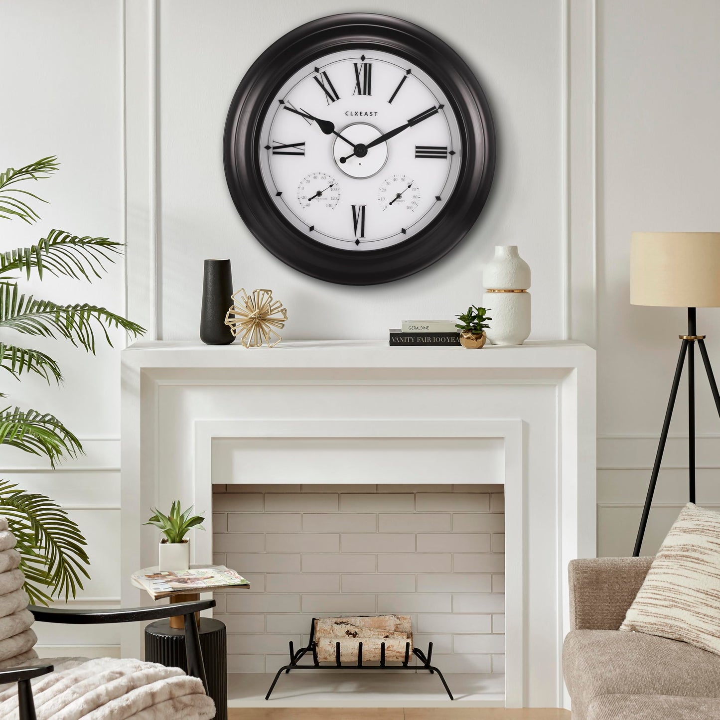 CLXEAST Illuminated Outdoor Indoor Metal Clocks Waterproof 24 inch, Oil Rubbed Bronze Black,Oversized Large Outdoor Roman Numeral Wall Clock with Thermometer & Hygrometer