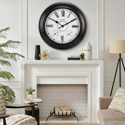 CLXEAST Illuminated Outdoor Indoor Metal Clocks Waterproof 24 inch, Oil Rubbed Bronze Black,Oversized Large Outdoor Roman Numeral Wall Clock with Thermometer & Hygrometer