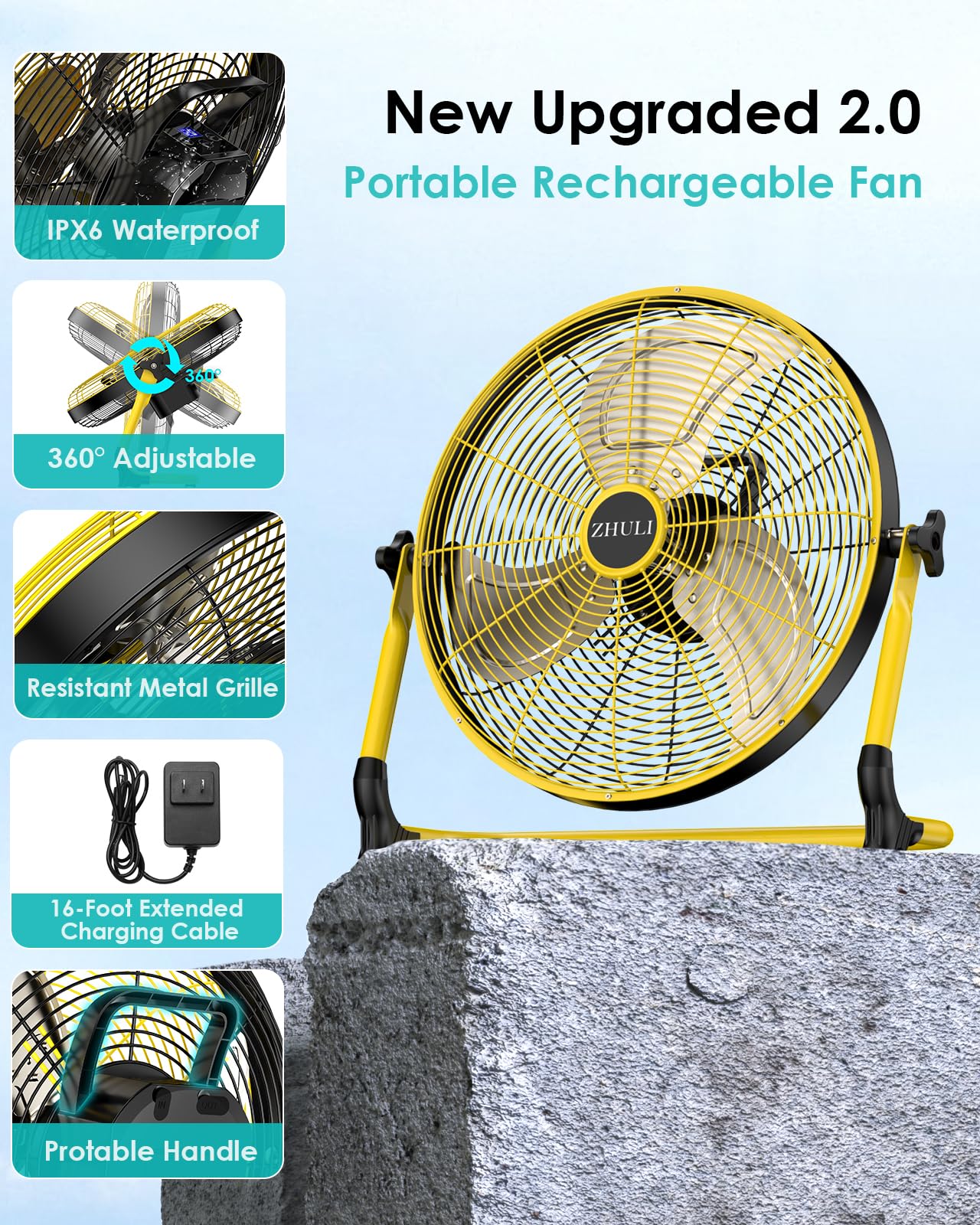 ZHULI 18" Solar Fan, Portable Battery Operated Floor Fan, Rechargeable Cordless Camping Fan, 40W Solar Panel, Hi-Velocity Brushless Motor, Metal blade, USB Phone Charge, 8~60H Runtime, Quiet, Wireless