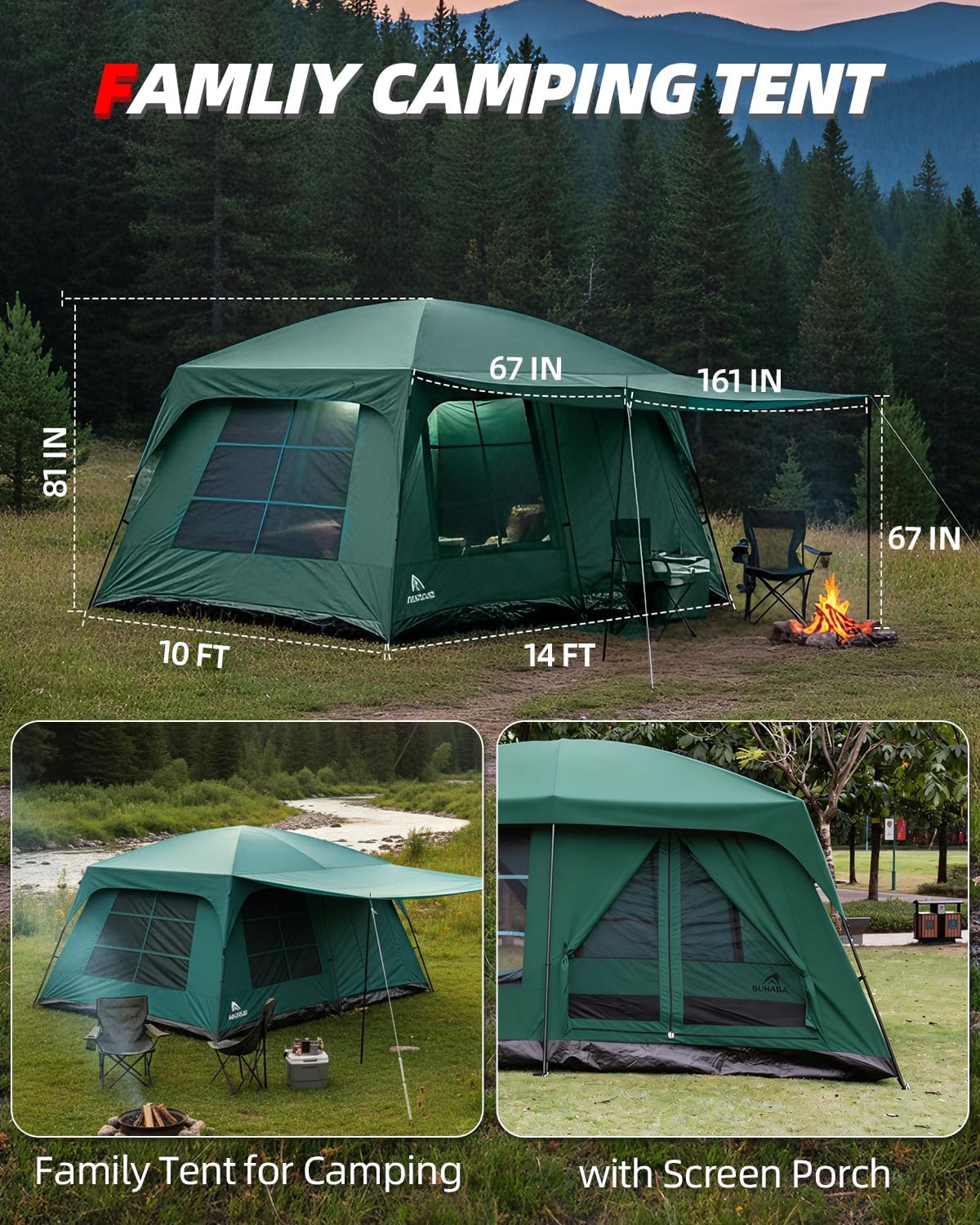 Abahub 10 Person Tent for Camping, Family Cabin Tents with 2 Rooms and 2 Doors, Large Tent with Rainfly, Porch, 4 Windows, 14ft x 10ft x 81in
