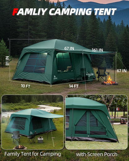 Abahub 10 Person Tent for Camping, Family Cabin Tents with 2 Rooms and 2 Doors, Large Tent with Rainfly, Porch, 4 Windows, 14ft x 10ft x 81in