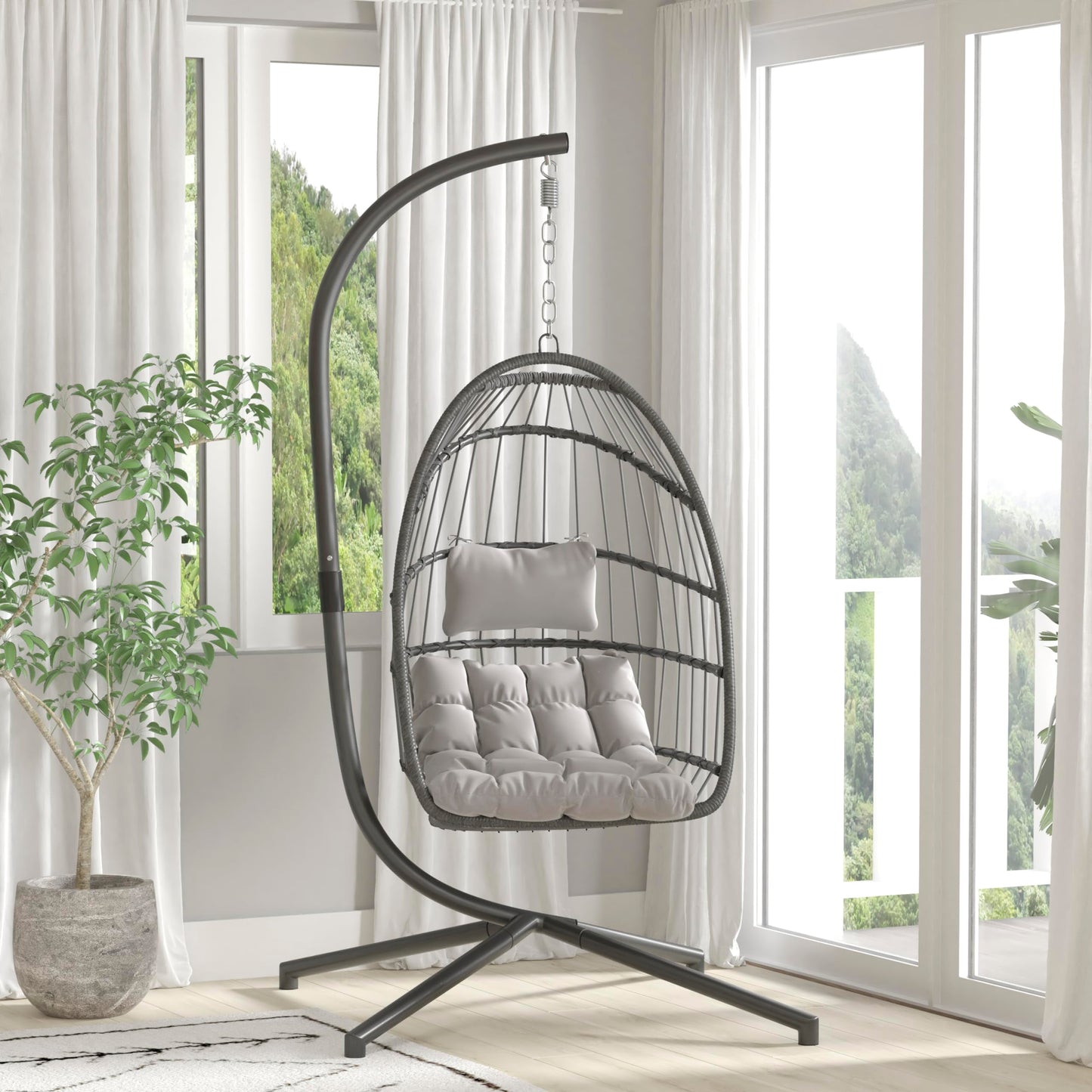 Flash Furniture Cleo Indoor/Outdoor Patio Hanging Egg Chair - Gray Frame with Gray Seat Cushions - Black Powder Coated C-Style Stand - Hanging Hardware Included