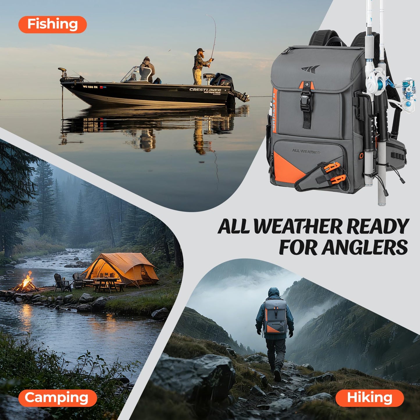 KastKing All Weather Fishing Tackle Backpack with Removable Rod Holders,Waterproof ArmorShield Fabric Fishing Bag Storage Fishing Gear
