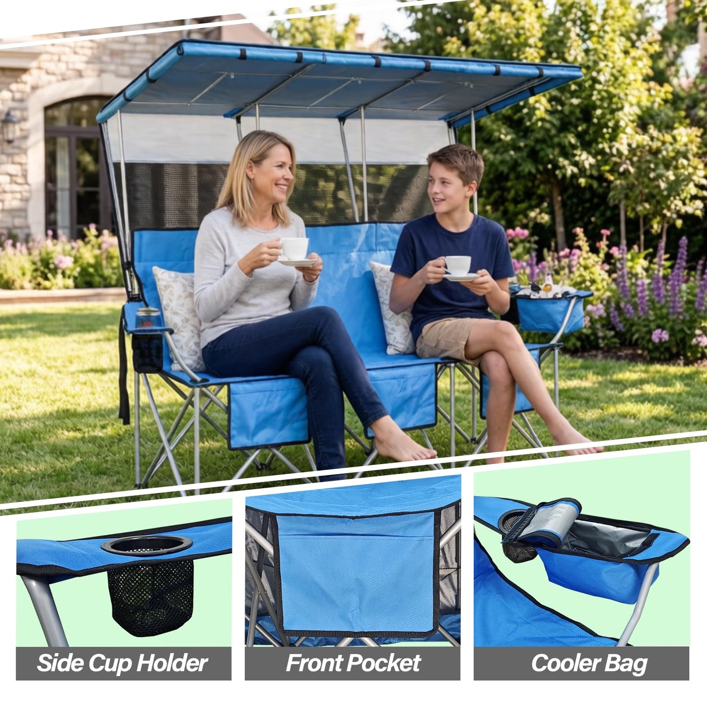 BDL 3 Person Camping Chair with Canopy Shade, Oversized Heavy Duty Camping Chair with Cup Holders & Ice Bag Portable Family Folding Chair for Outdoor, Lawn & Sports,Blue