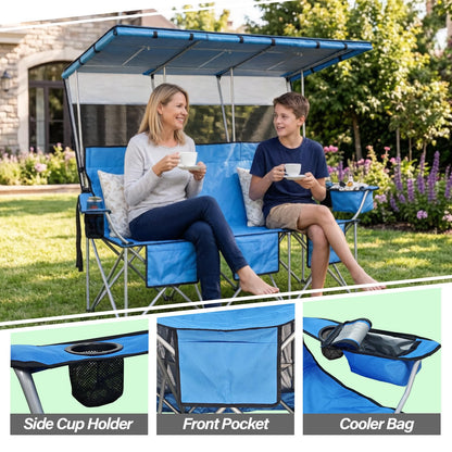 BDL 3 Person Camping Chair with Canopy Shade, Oversized Heavy Duty Camping Chair with Cup Holders & Ice Bag Portable Family Folding Chair for Outdoor, Lawn & Sports,Blue
