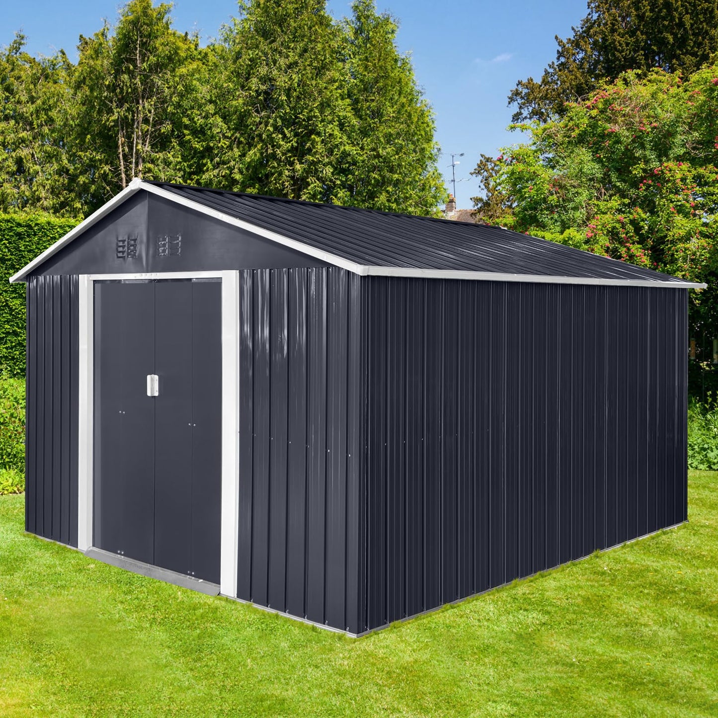 KEIKI 10.6 x 11.2FT Outdoor Storage Shed with Window, Sliding Door, Sloped Roof，Metal Garage Tool Bike Sheds for Backyard, Garden, Patio, Lawn,Gray