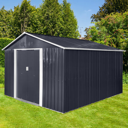 KEIKI 10.6 x 11.2FT Outdoor Storage Shed with Window, Sliding Door, Sloped Roof，Metal Garage Tool Bike Sheds for Backyard, Garden, Patio, Lawn,Gray