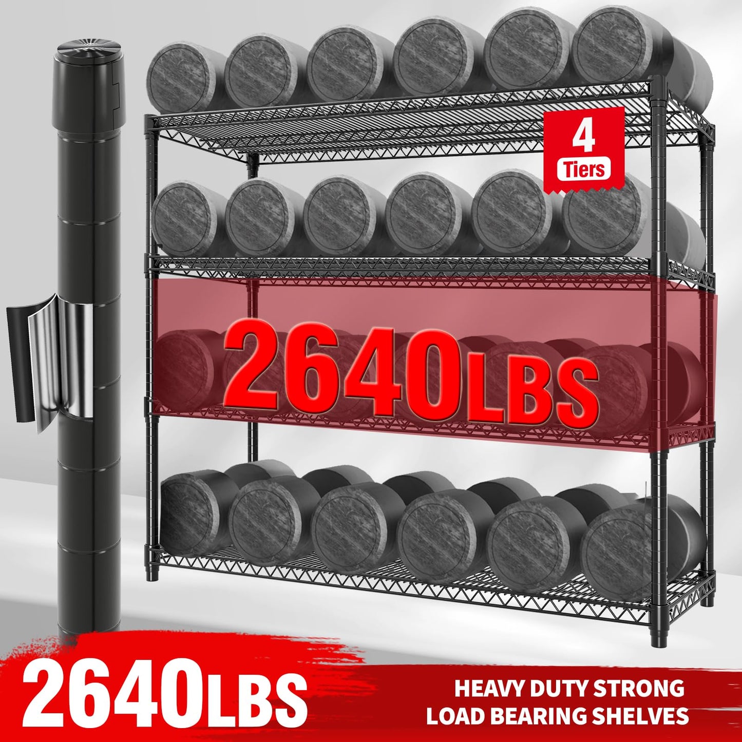 Garvee Metal Shelving 4-Tiers with Wheels, 2640LBS Heavy Duty Storage Shelves for Garage Kitchen, Rolling Shelving Units Wire Rack with Feet, 59" Wx71.8 Hx17.7 D,Adjustable & Easy Assemble, Black