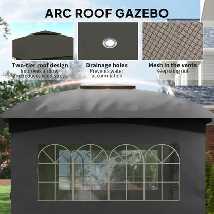 Outsunny 11' x 11' Outdoor Gazebo, Arc Patio Gazebo Canopy Shelter, UV Protected, with Curtains, Church Windows, Double Roof, Galvanized Steel Frame for Lawn, Backyard and Deck, Dark Gray