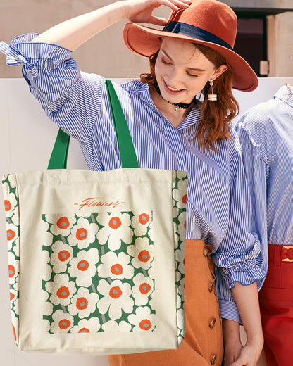 Miss Adola Aesthetic Heavy Canvas Tote Bag - with Pocket for Women Large Cloth Cotton Tote Bag for Shopping, Gym, Work, Travel, Beach, Vacation, Green White Flower