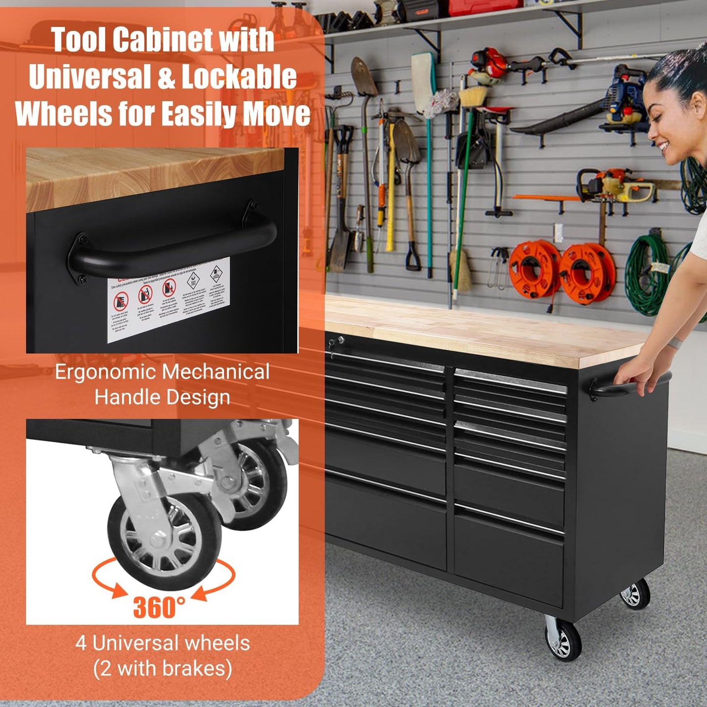 GarveeTech 72 Inch Heavy-Duty Rolling Tool Chest & Mobile Workbench with 15 Drawers, Rubber Wood Tabletop, Locking System, Drawer Liners and Wheels, Steel Storage Cabinet for Garage, Workshop, Black