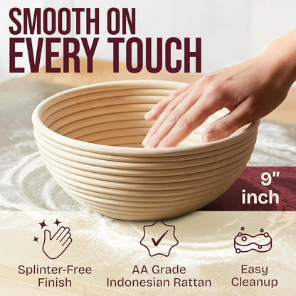 Superbaking Banneton Bread Proofing Basket Set - 9" Round Rattan with Liners for Perfect Sourdough Baking