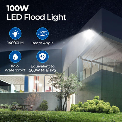 CINOTON 100W LED Flood Lights Outdoor, 14000LM IP65 Waterproof Outdoor Security Wall Light Fixture with 180°Knuckle for Warehouse Porch Barn Garage Building 5000K 100V-277V 2 Pack