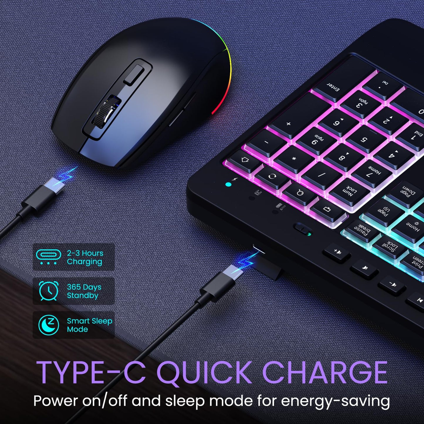 Wireless Keyboard and Mouse Combo- VEILZOR 2.4G Rechargeable Keyboard with Phone Holder, Ergonomic Wrist Rest, 9 RGB Backlit Effects, Silent Keyboard Mouse Set for Windows, Laptop, PC