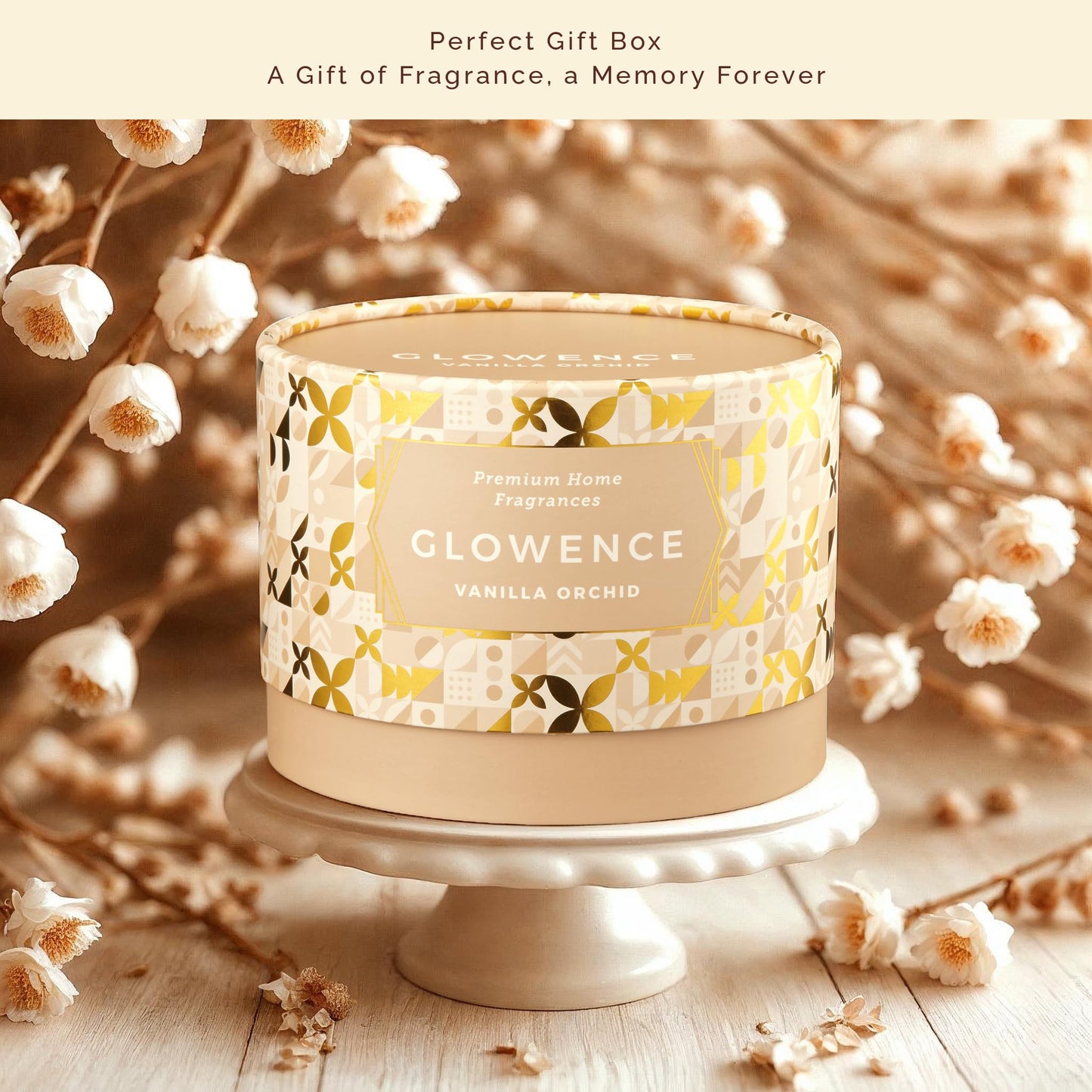 Glowence Luxury Vanilla Scented Candle - Large 3 Wick Jar Candle - Elegant Gift for Women & Men - 100% Natural Soy Wax - Up to 40 Hours Burning Time - Housewarming Aromatherapy Candle for Home