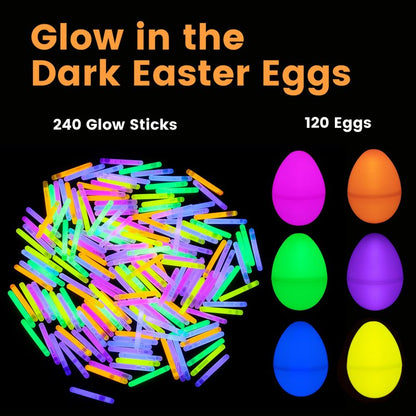 POPGIFTU Glow in the Dark Easter Eggs Bulk – 120 Prefilled Plastic Eggs with 240 Mini Glow Sticks for Night Egg Hunt, Easter Basket Stuffers, Party Favors & Classroom Prizes