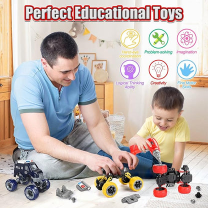 LUDILO Kids Boys Toys Age 4-6 5-7 6-8: 4 PCS DIY Assembly Building City Bus Ambulance Police Car Toy Fire Truck with Electric Drill Stem Learning Toys Gifts for 3 4 5 6 7 8 Year Old Boys Girls Kids