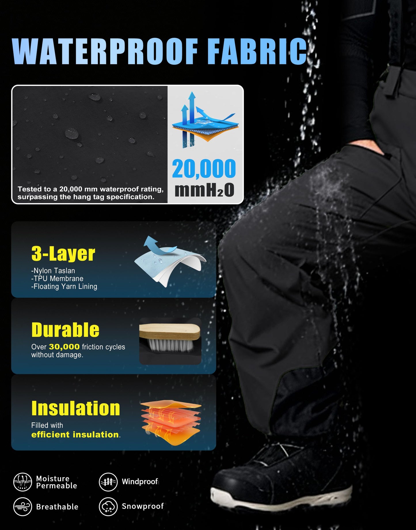 Pioneer Camp Snow Pants Men Baggy Snowboard Pants Waterproof Insulated Outdoor Winter Warm Ski Bibs Overall with Suspenders Black