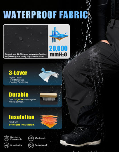 Pioneer Camp Snow Pants Men Baggy Snowboard Pants Waterproof Insulated Outdoor Winter Warm Ski Bibs Overall with Suspenders Black