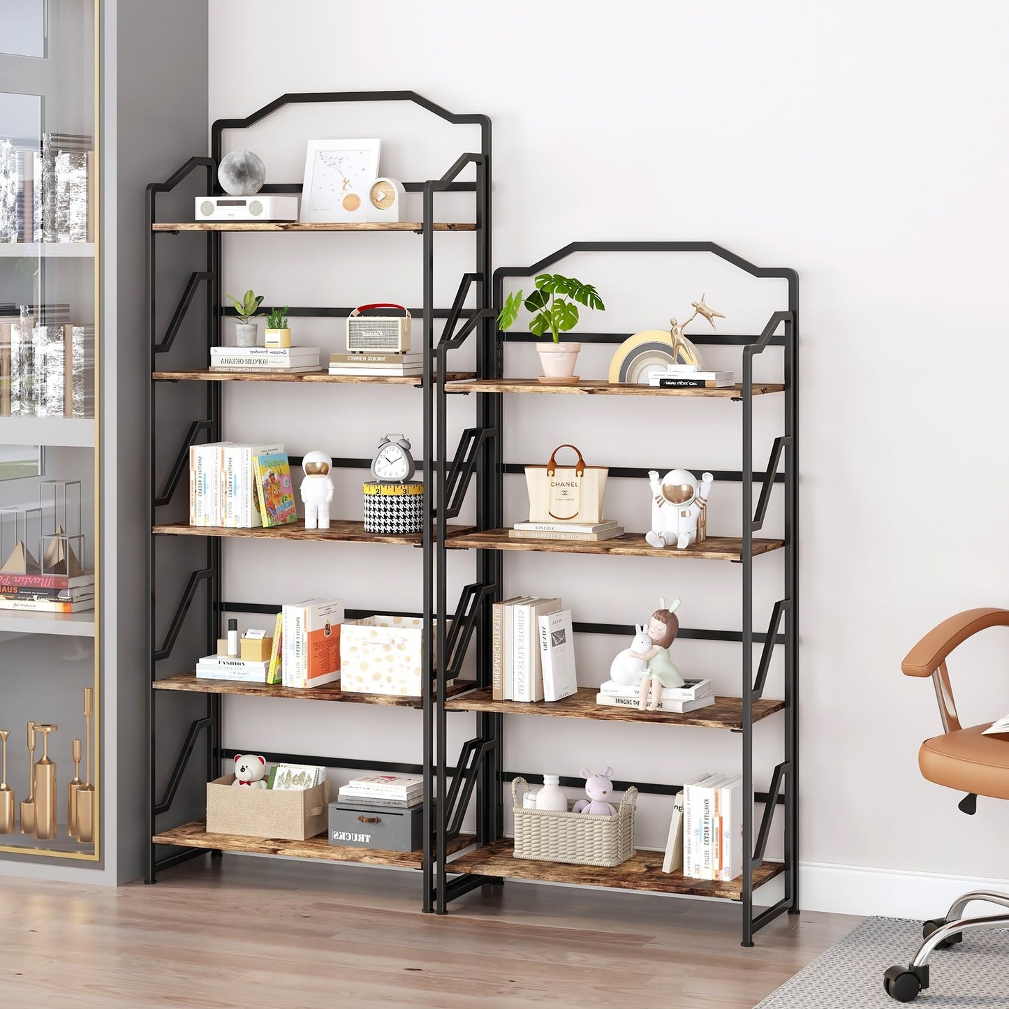 JSB 5 Tier No Assembly Folding Bookshelf, Foldable Storage Bookcase for Home Office, Space-Saving Storage Shelf for Living Room, Bedroom (Rustic Brown, 5-Tier)