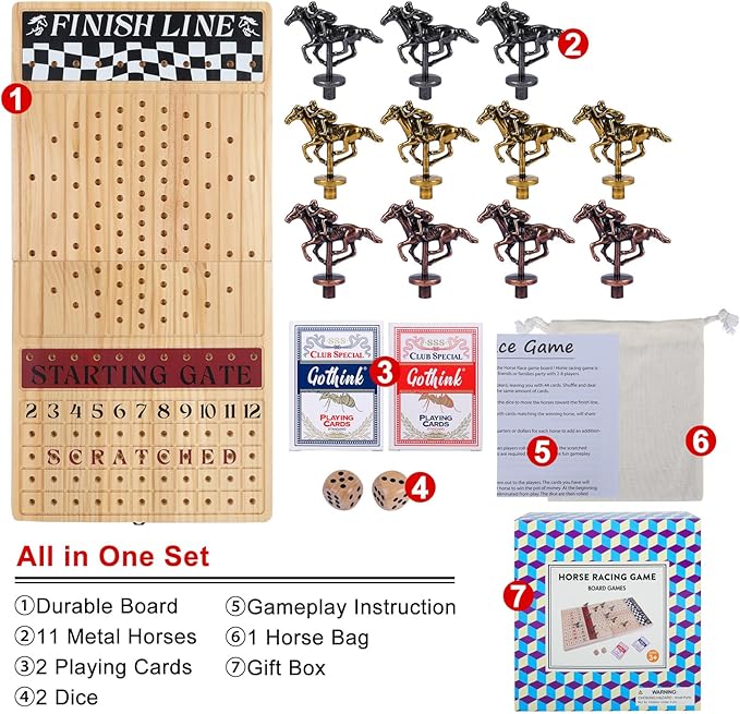 Large 23 inches Horse Race Board Game Premium Durable Foldable Wooden Box Horse Racing Game with 11 Retro Metal Horses 2 Dices and 2 Playing Cards Fun Family Night Games for Adults Kids