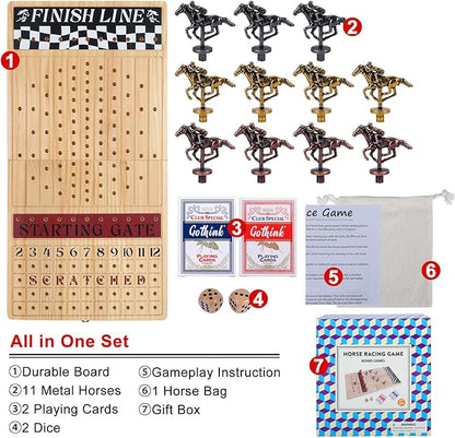 Large 23 inches Horse Race Board Game Premium Durable Foldable Wooden Box Horse Racing Game with 11 Retro Metal Horses 2 Dices and 2 Playing Cards Fun Family Night Games for Adults Kids